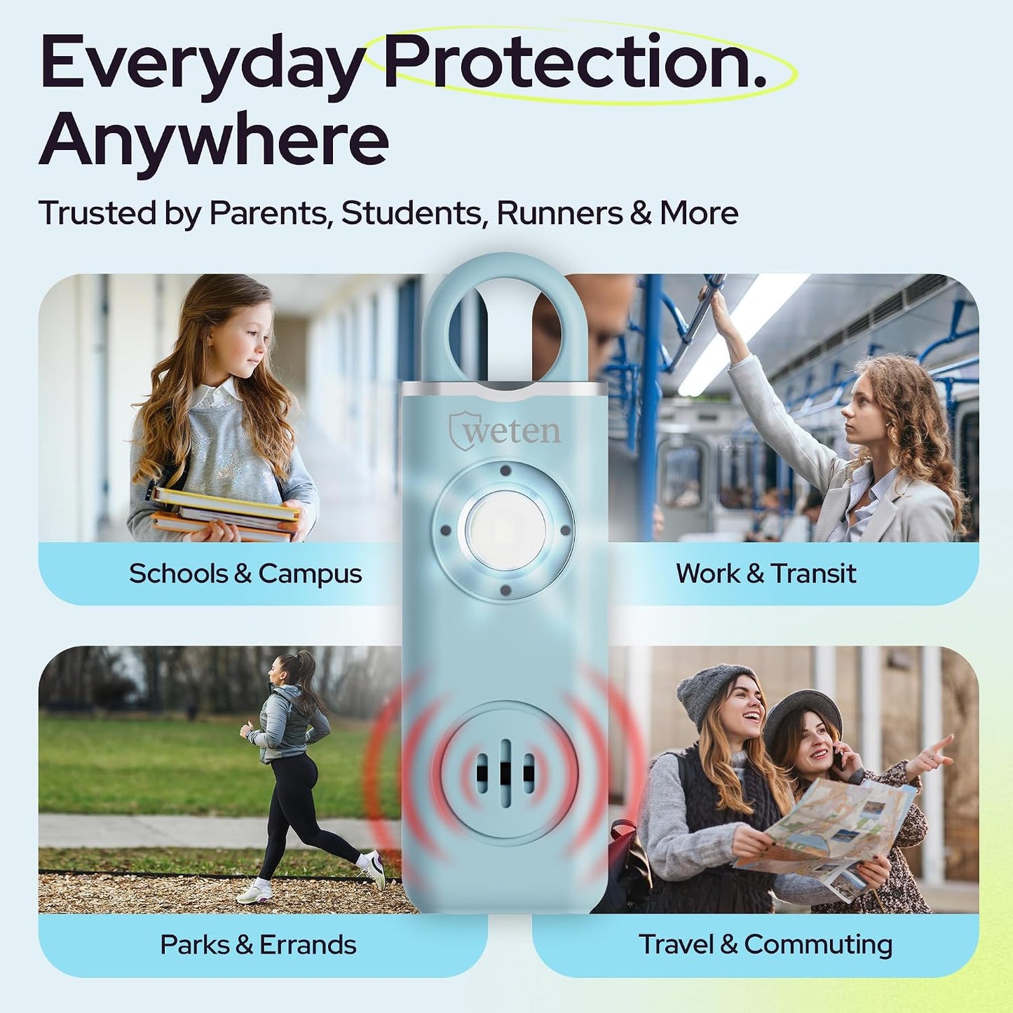 Alarma Personal Premium Llavero 3 Uds · USB-C + Mosquetón