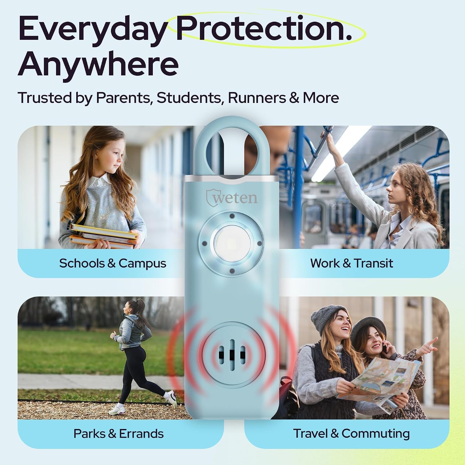 Alarma Personal Premium Llavero 3 Uds · USB-C + Mosquetón