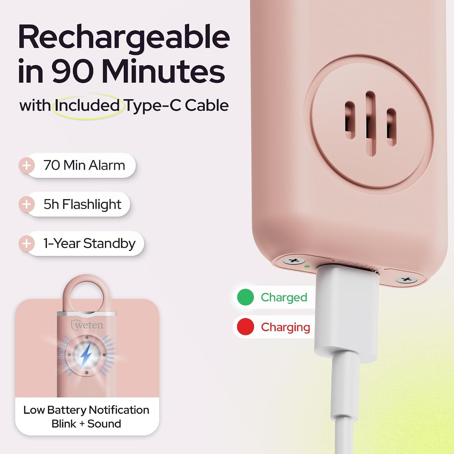 Alarma Personal Premium Llavero 3 Uds · USB-C + Mosquetón